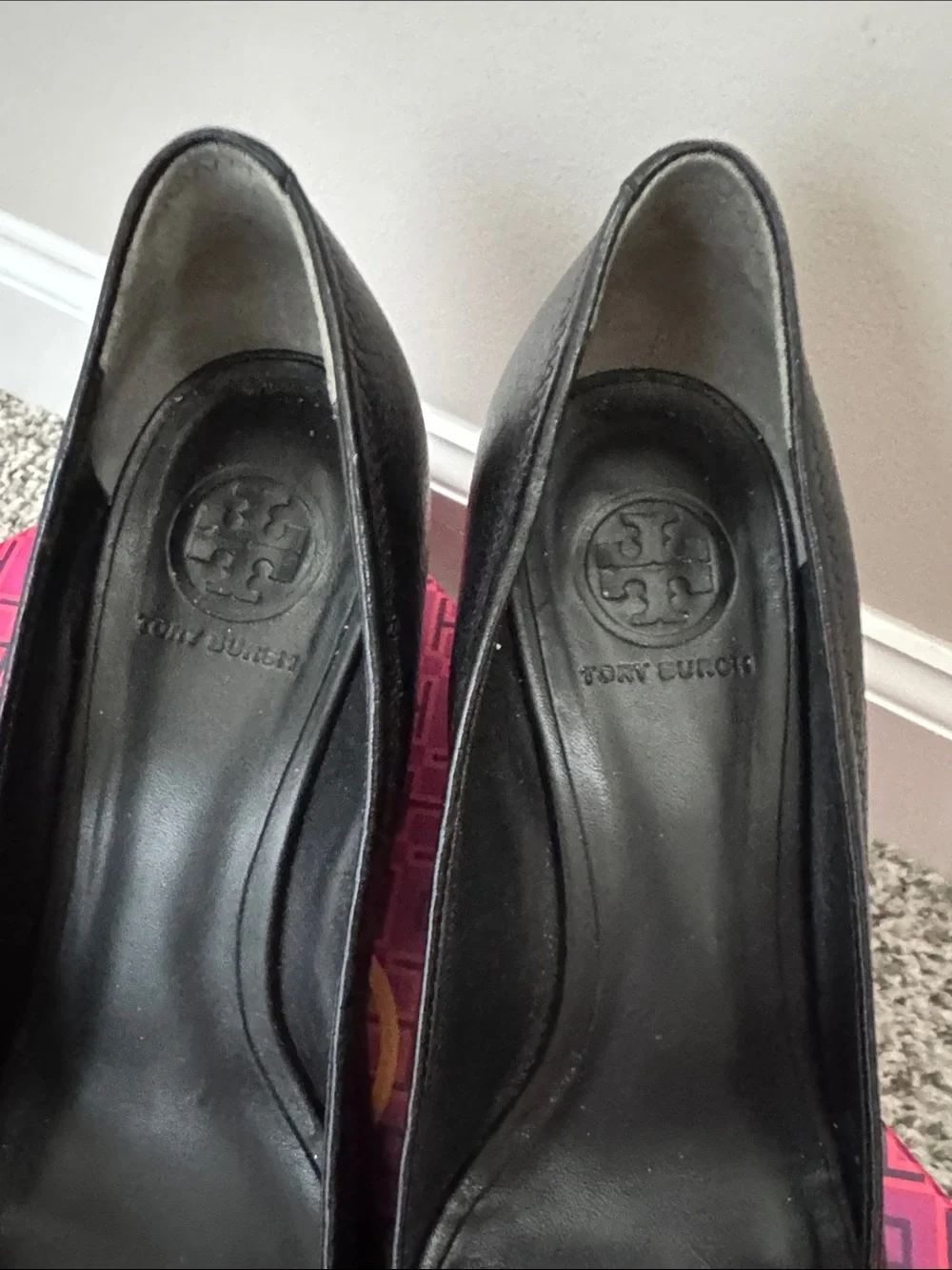 Tory Burch Black sally Peep-Toe Wedges with Silver Logo tumbled leather 9